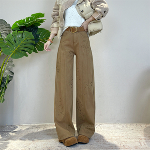 美拉德加绒阔腿弯刀裤新款爆款冬季加厚宽松咖色牛仔裤气质百搭