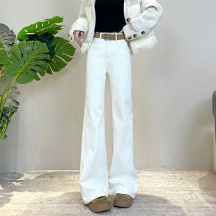 冬季新款白色加绒高腰直筒喇叭裤迪否宽松显瘦气质不贴腿女牛仔裤