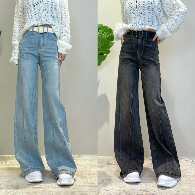镶钻高腰显瘦阔腿裤2025秋季女新款时尚垂感宽松不贴腿牛仔裤