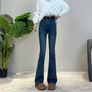 迪否新款高腰复古满天星烫钻微喇裤女冬季加绒修身显瘦弹性牛仔裤