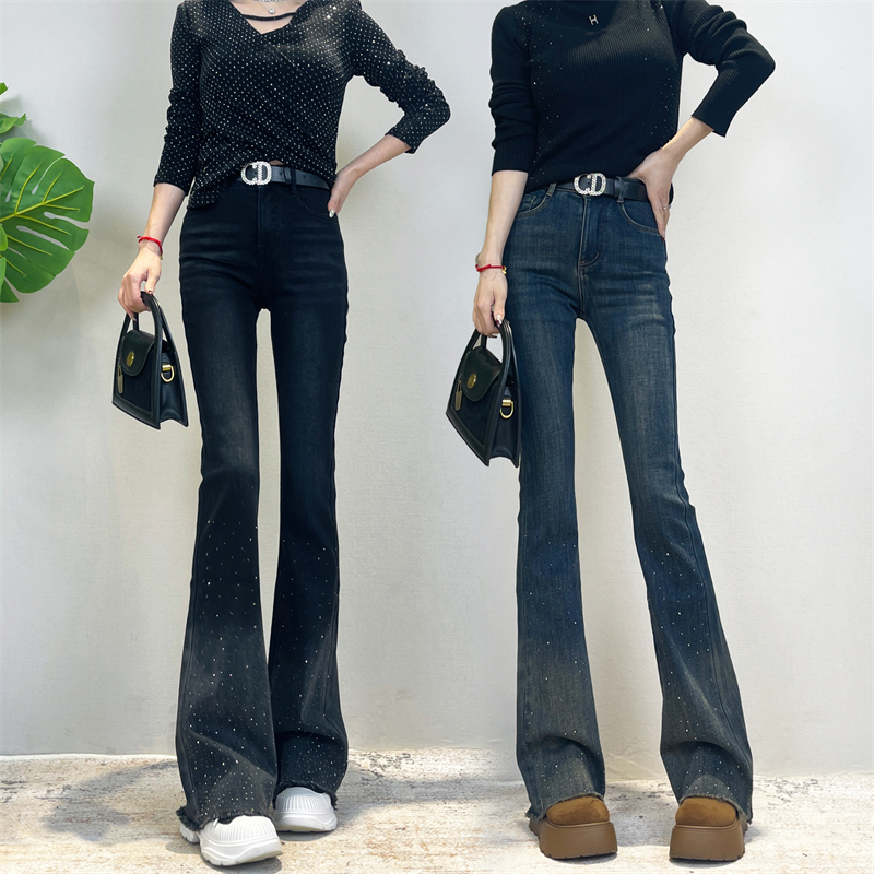 秋冬加绒新款烫钻微喇牛仔裤