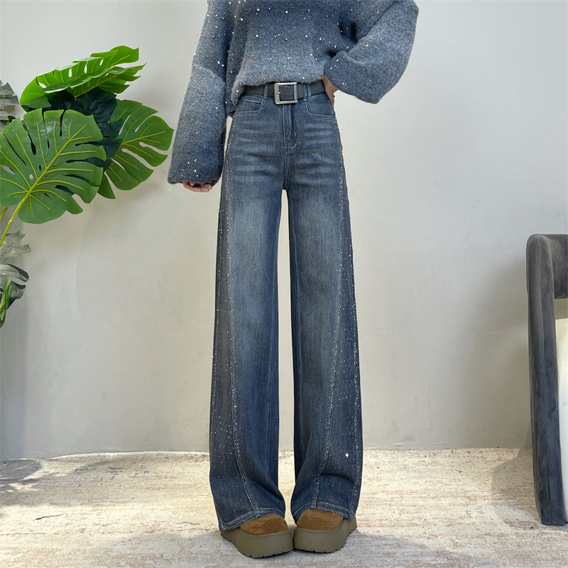 迪否烫钻窄版直筒裤女2025春秋加绒弹力新款裤子垂感宽松牛仔裤