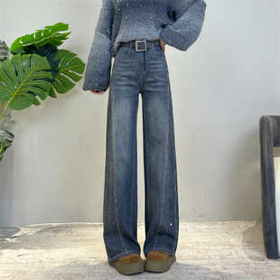 迪否烫钻窄版直筒裤女2025冬季加绒弹力新款裤子垂感宽松牛仔裤