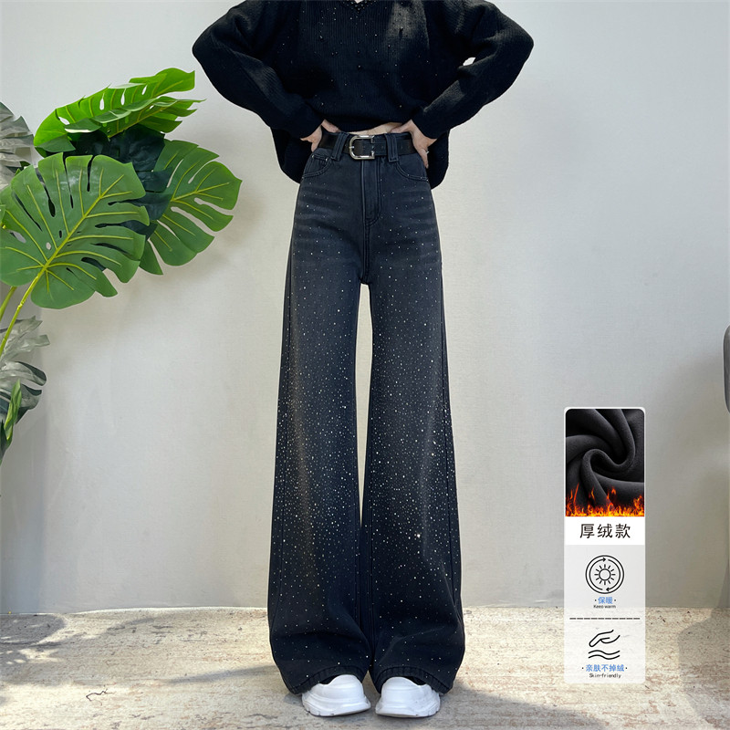 迪否爆款冬季加绒满钻牛仔裤女满天星烫钻阔腿裤高级感百搭不贴腿