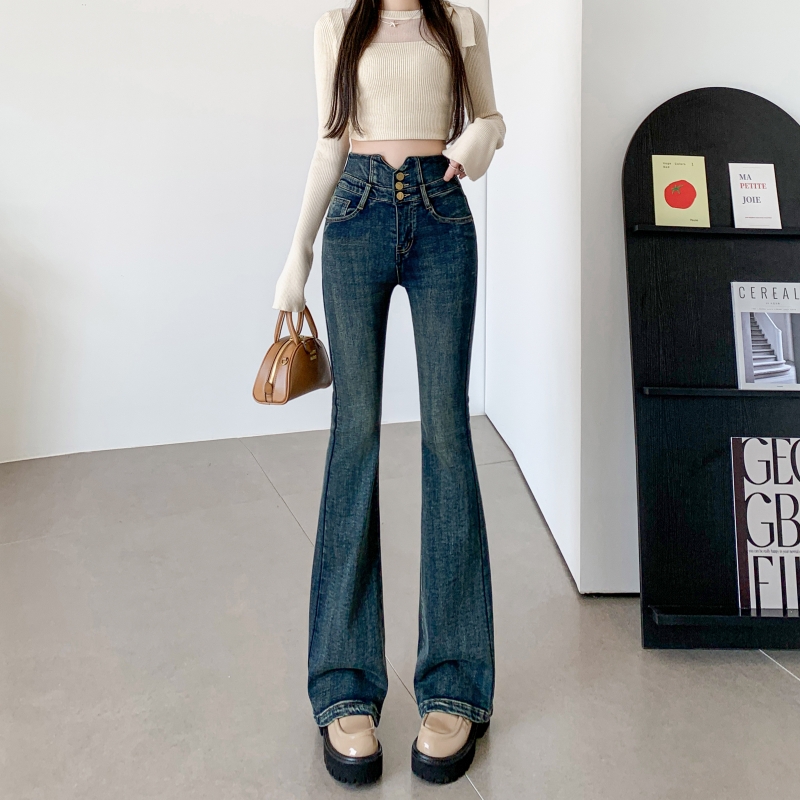 高品质简约微喇牛仔裤女款2025春秋复古风高腰修身显瘦弹力喇叭裤