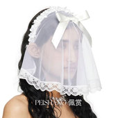 白色短款 蕾丝蝴蝶结珠片小头纱领证结婚登记写真拍照遮面新娘头纱