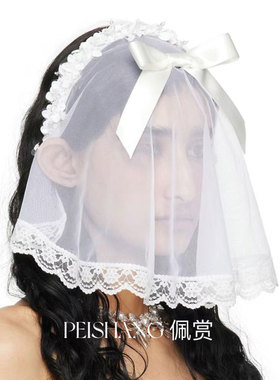 白色短款蕾丝蝴蝶结珠片小头纱领证结婚登记写真拍照遮面新娘头纱
