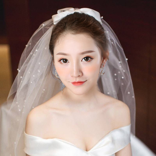 珍珠蝴蝶结新娘头纱甜美简约遮面双层婚纱韩式婚礼旅拍造型头纱 - 封面