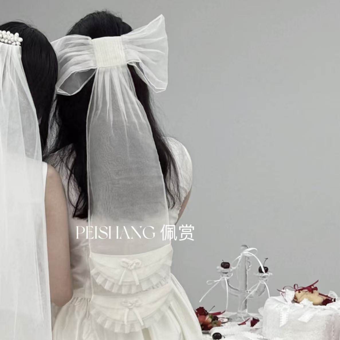 白色蝴蝶结网纱短款领证结婚登记影楼拍照造型款婚礼头饰新娘头纱