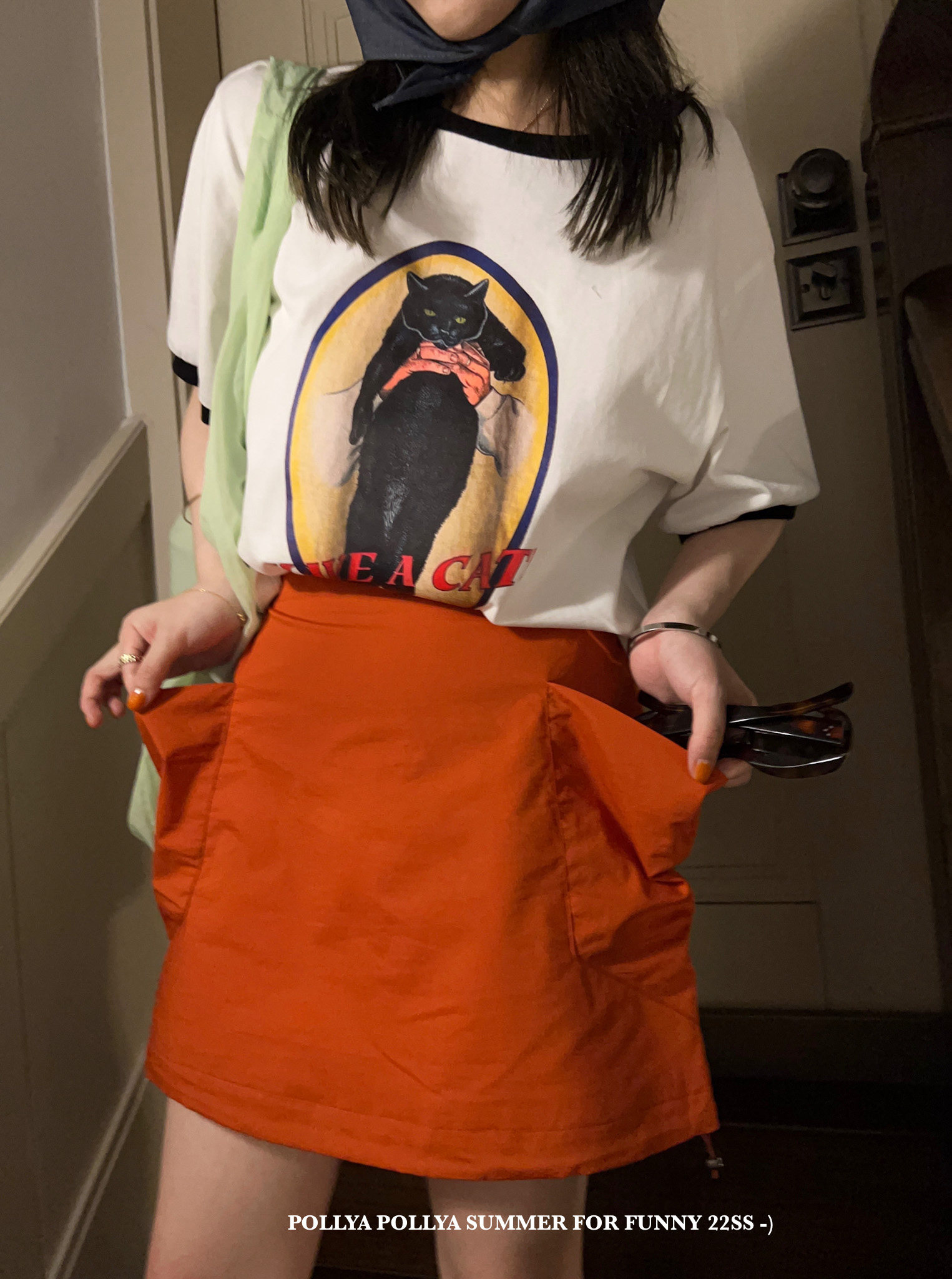 POLLYNENE吃饭冠军下摆抽绳橘色短裙 松紧腰大口袋高腰显瘦