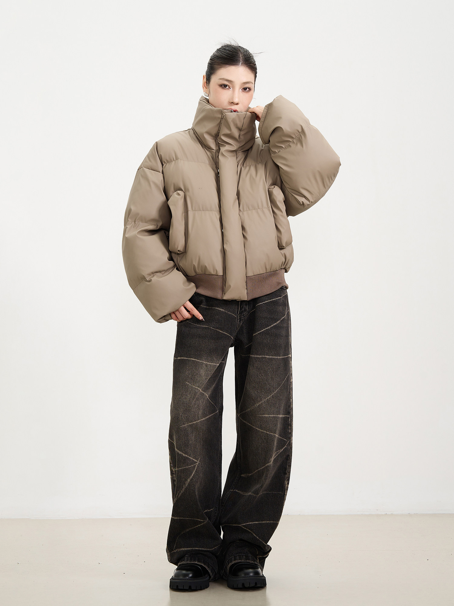 KISKO AMERICAN RETRO BROWN STAND COLLAR SHORT COTTON JACKET MENS WINTER NICHE THICKENED CLEANFIT COTTON JACKET