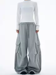 Kisko American Retro Air Layer Pleated Wide-Leg Scimitar Sweatpants Unisex Trendy Loose Side Pocket Casual Pants