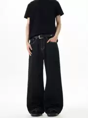 Kisko American Retro Distressed Black Basic Straight-Leg Jeans Unisex Trendy Loose Casual Pants