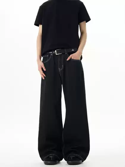 Kisko American Retro Distressed Black Basic Straight-Leg Jeans Unisex Trendy Loose Casual Pants