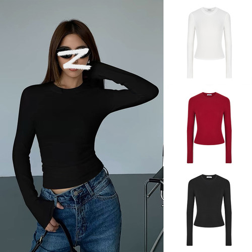 洋气辣妹掐腰显瘦T恤女早秋欲纯风正肩圆领打底衫修身长袖上衣ins