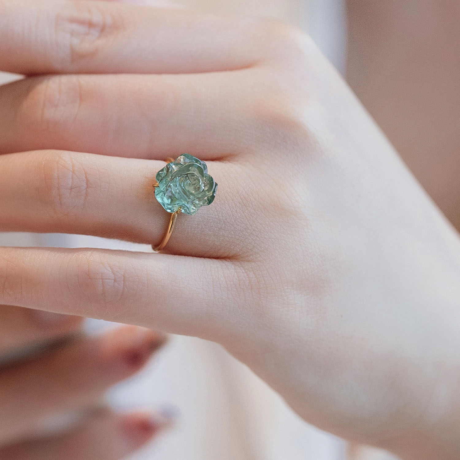 无同  天然绿色荧光绿碧玺 花园玫瑰梅拉戒指 K金珠宝设计送礼