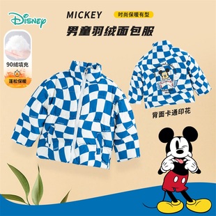 迪士尼冬季男童卡通米奇羽绒外套满印纯色双面两穿保暖抗寒面包服