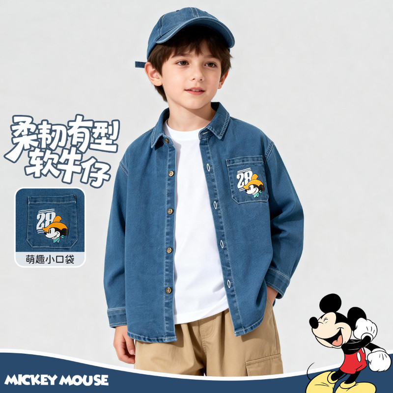 迪士尼童装春秋季新款男童米奇帅气牛仔衬衫儿童百搭休闲长袖上衣