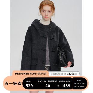 DESIGNER 外套 黑色羊毛连帽牛角扣双面呢子大衣女韩系中长款 PLUS