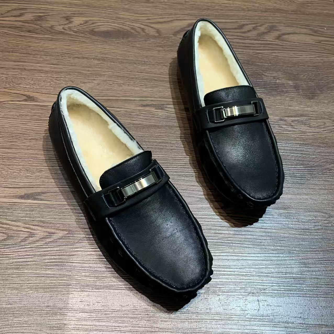 冬季休闲豆豆鞋男皮毛一体真皮