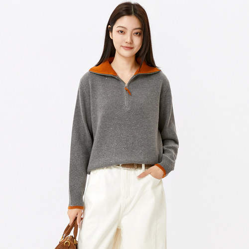 芭依璐毛衣针织衫2025冬季新款女半拉链假两件拼色针织上衣半开领