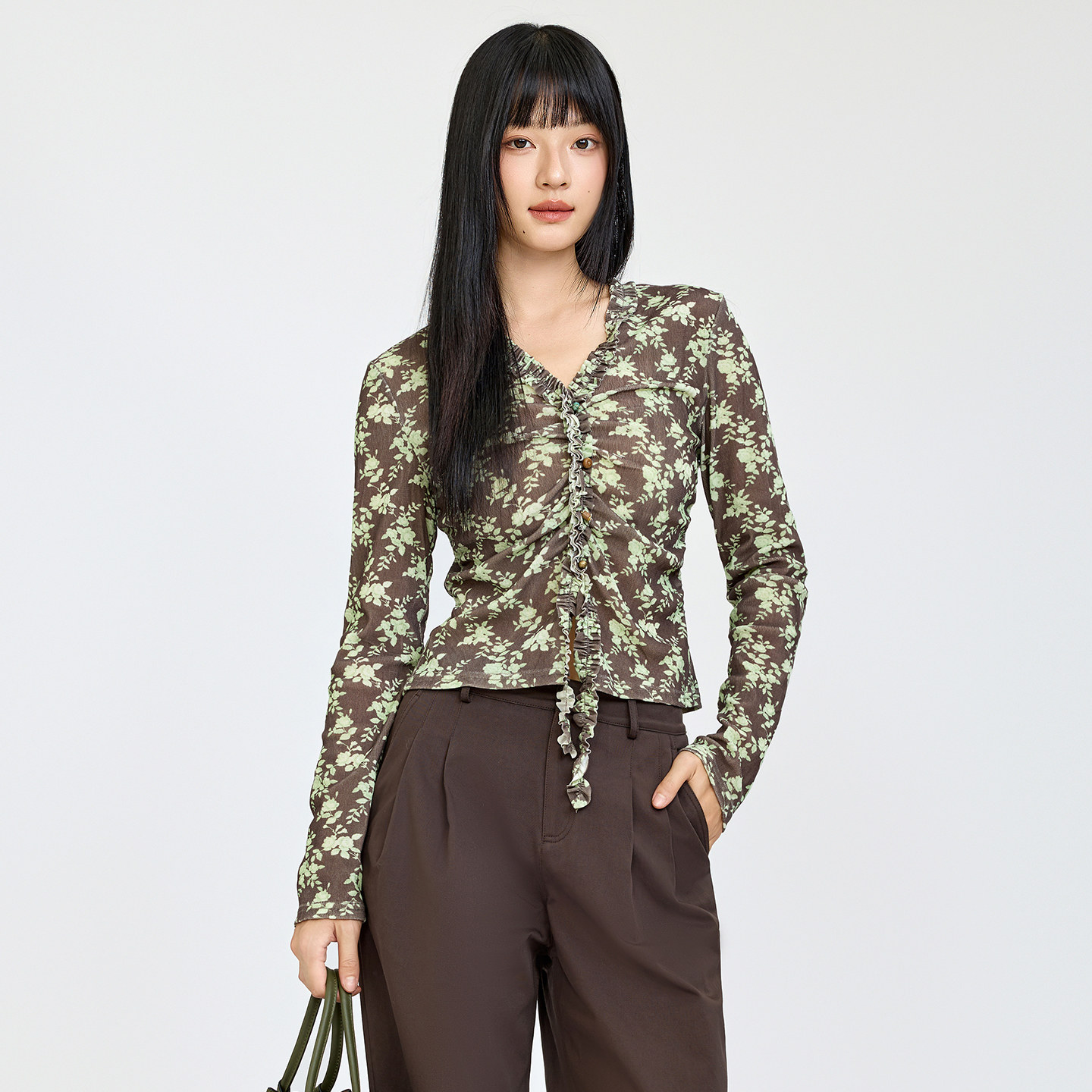 芭依璐2026秋装新款减龄碎花长袖衬衫女开衫抽绳显瘦百搭上衣潮款