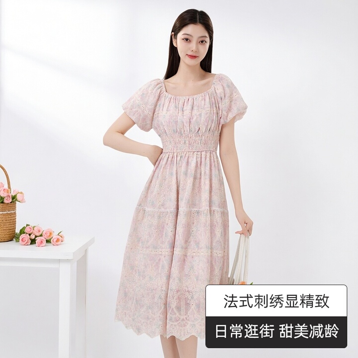 法式泡泡袖刺绣碎花连衣裙女长裙