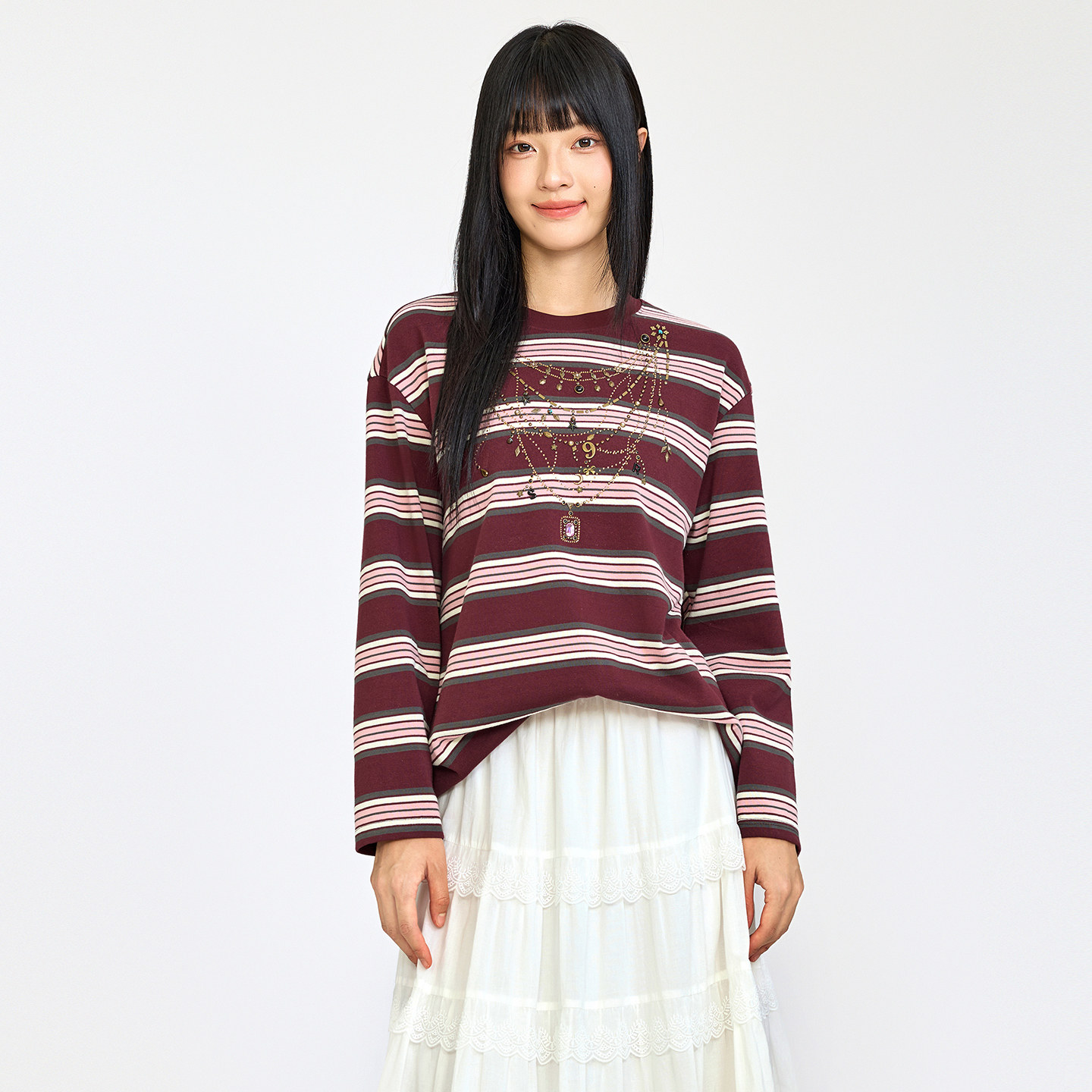 钉珠项链设计撞色条纹长袖T恤女