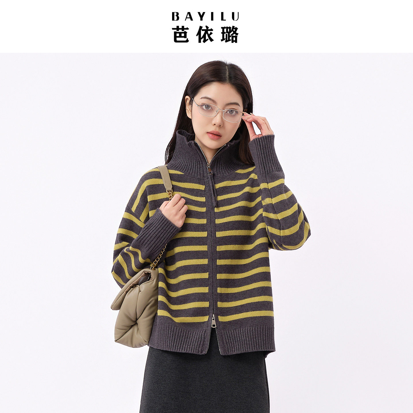 芭依璐2026春季新款毛衣上衣条纹长袖针织衫简约风宽松高领开衫