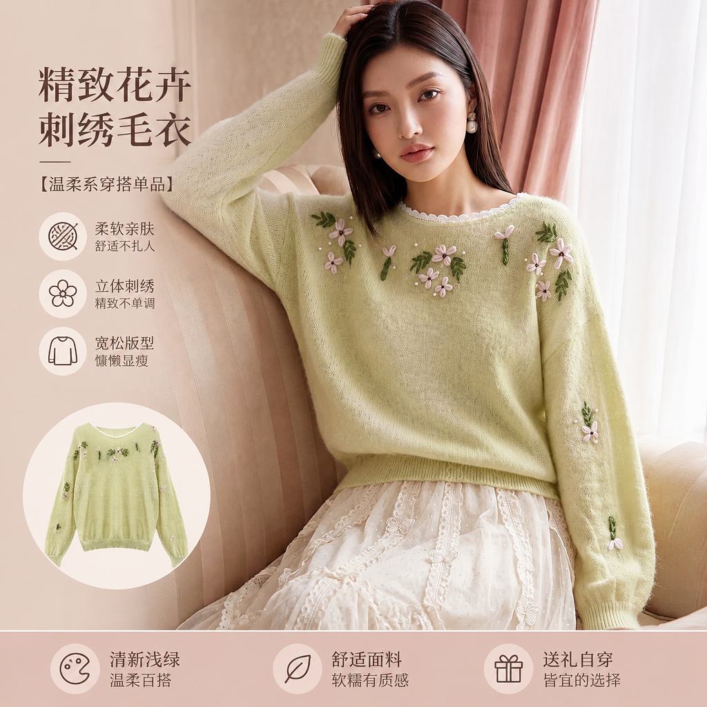 立体甜美花朵刺绣毛衣长袖针织衫