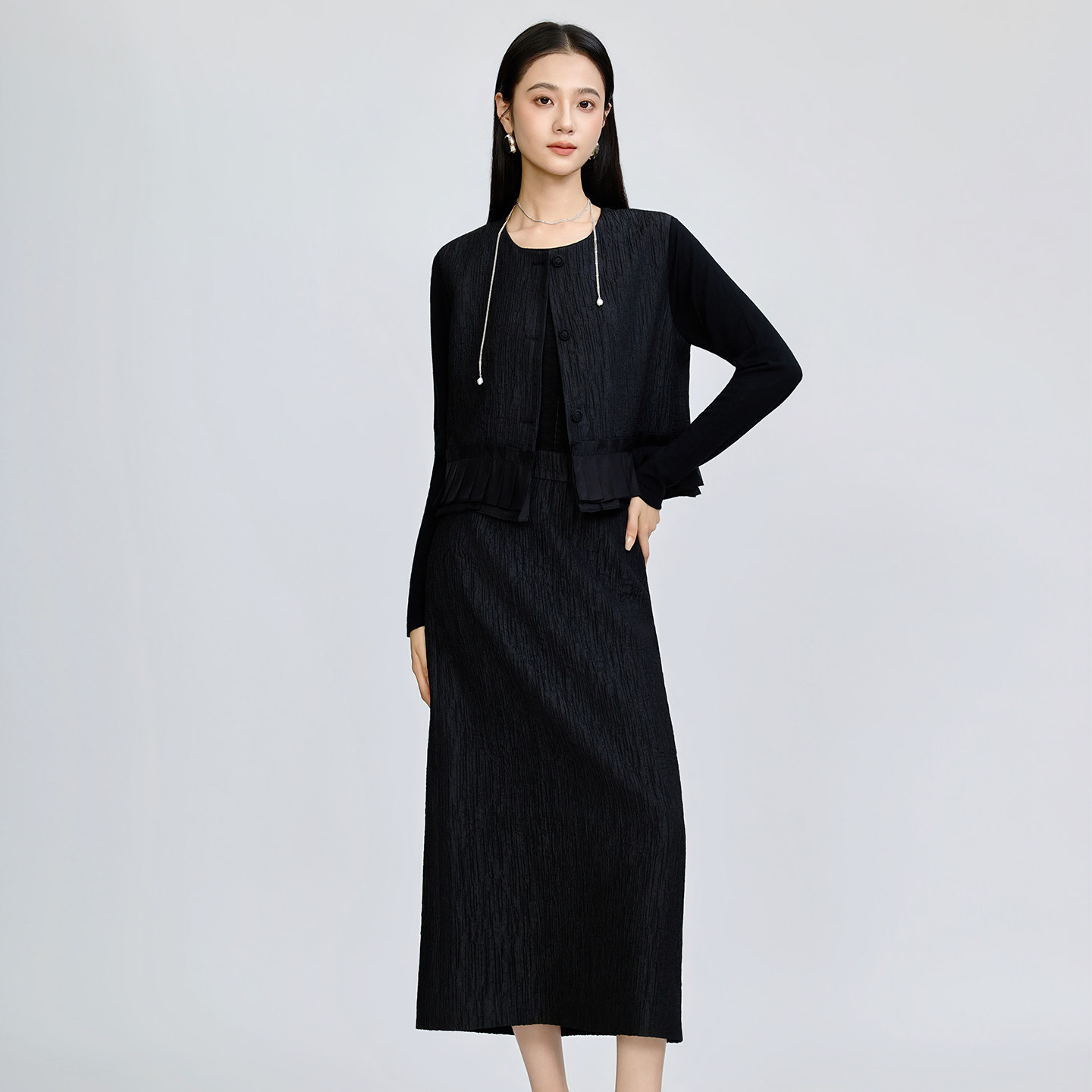 压褶拼接外套半身裙小香风套装女