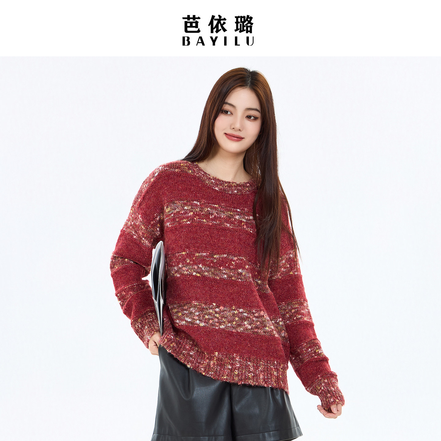 芭依璐2026春款新款毛衣针织衫休闲毛衫套头圆领百搭长袖上衣女
