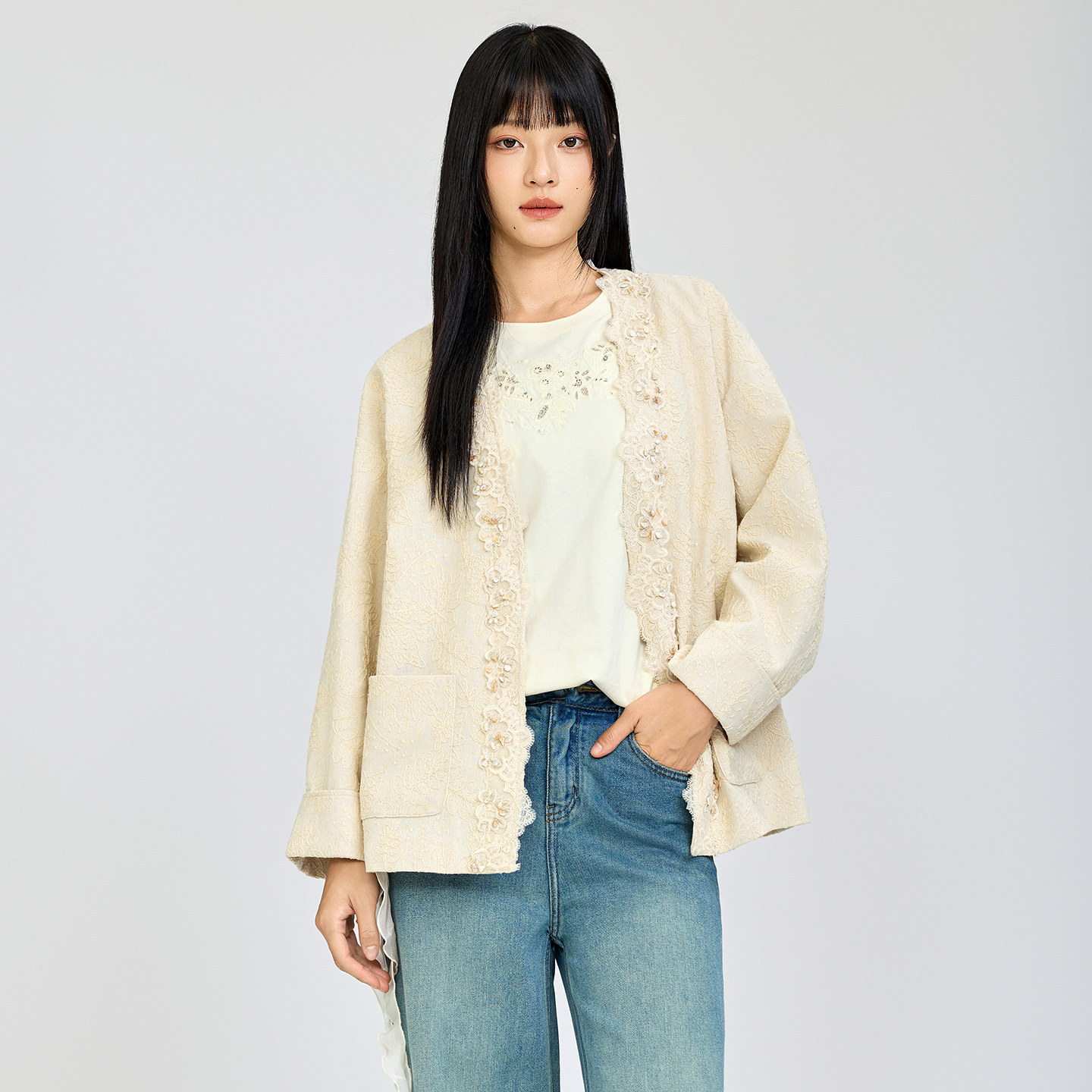 芭依璐肌理感刺绣开衫V领外套百搭上衣2026秋季新款女装气质开衫