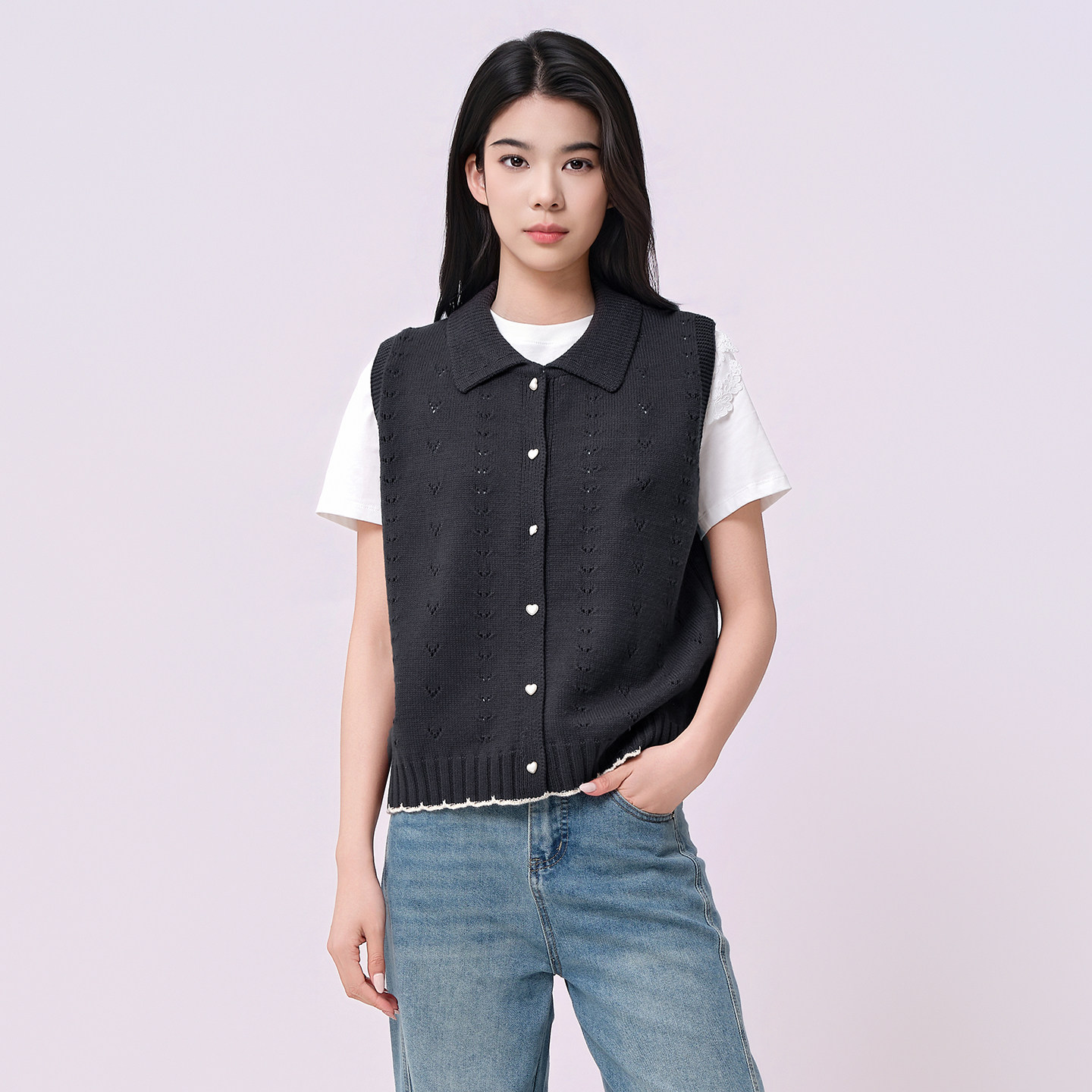 芭依璐2026夏季新款翻领针织开衫马甲女小个子叠穿镂空毛衣背心