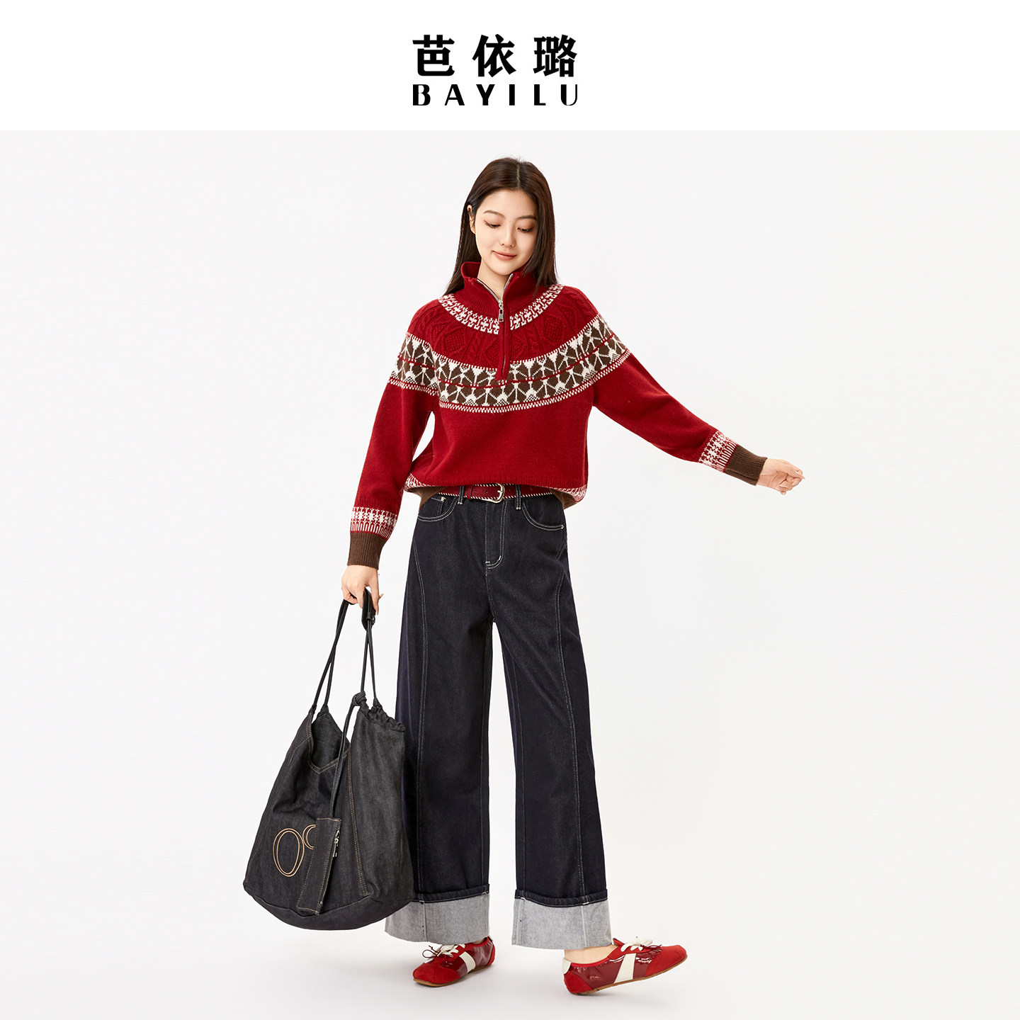 芭依璐2026春季红色毛衣韩版休闲立领针织衫女长袖费尔岛毛衫外套