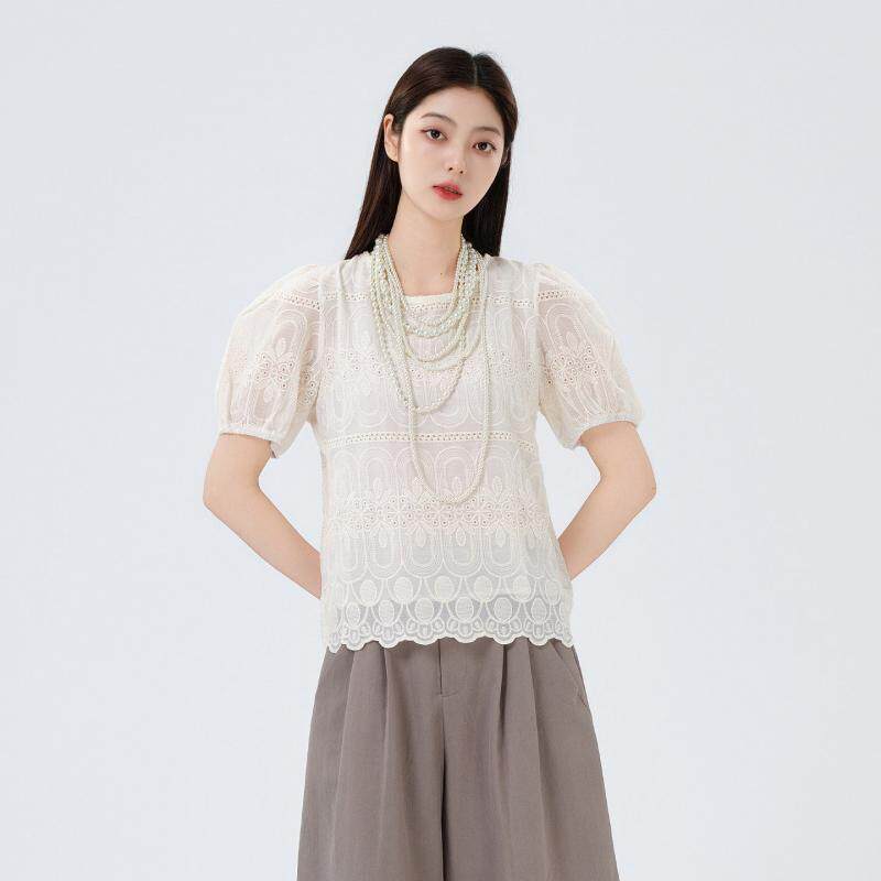 芭依璐2026夏装新款衬衫时尚通勤镂空蕾丝短袖套头衬衣女装泡泡袖