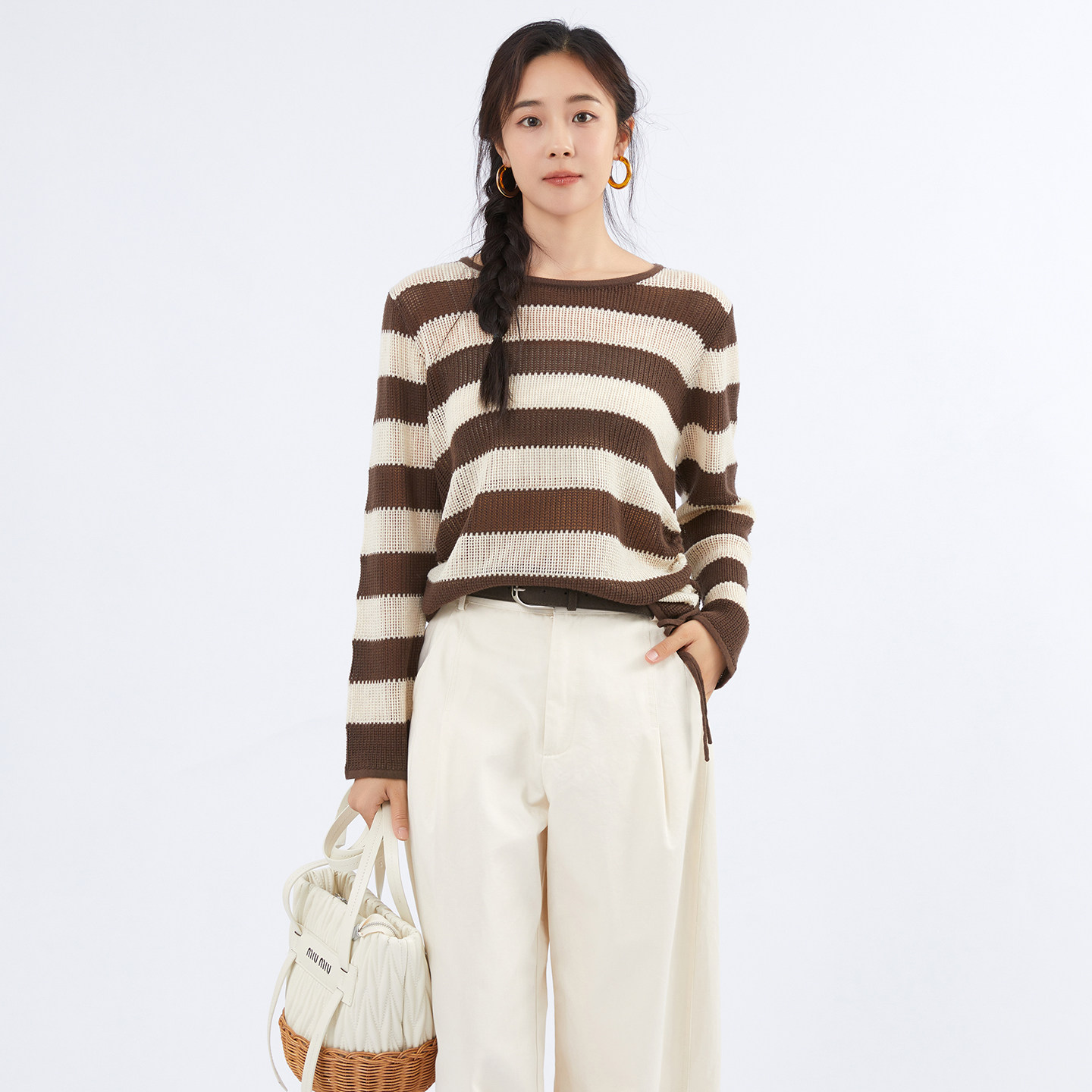 芭依璐2026春季新款毛衣镂空条纹针织衫女长袖慵懒风宽松毛衣女