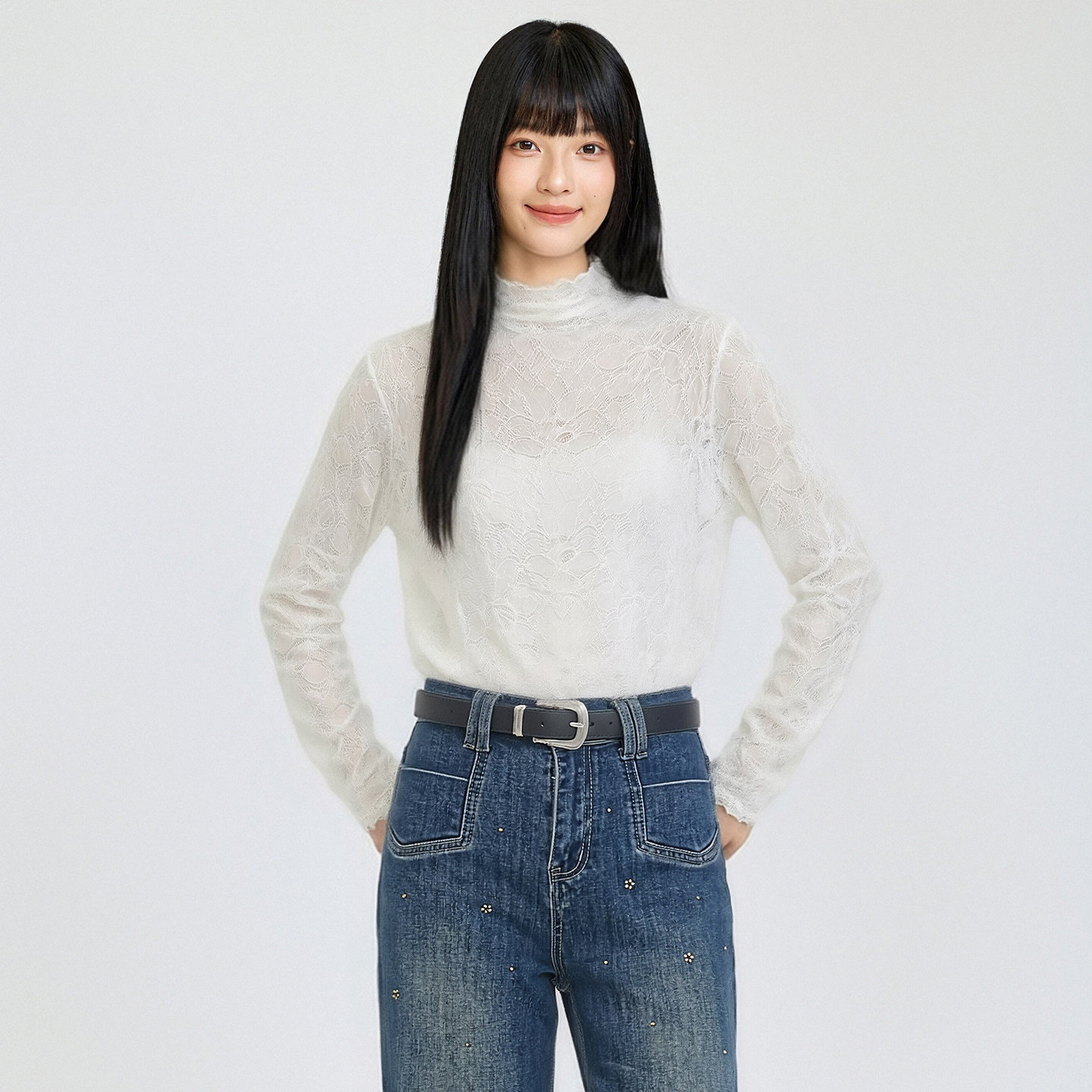 半高领蕾丝长袖T恤打底衫修身女