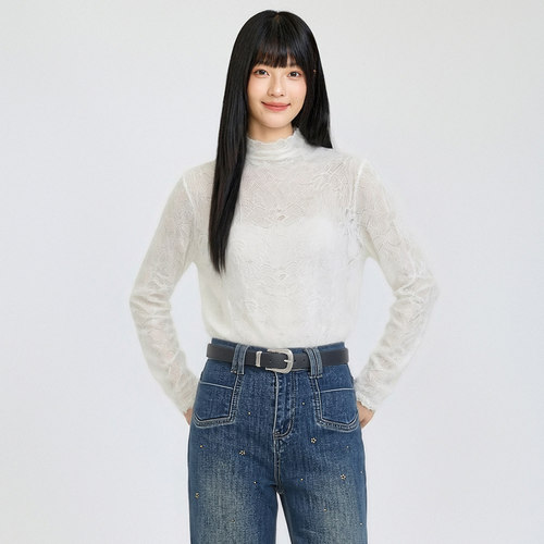 半高领蕾丝长袖T恤打底衫修身女