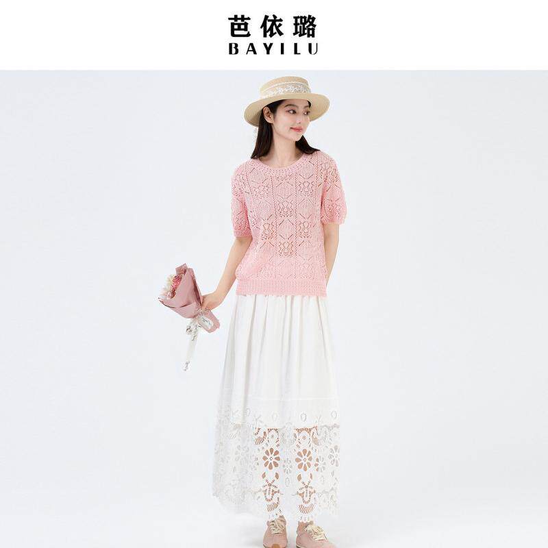 小帆船镂空绣花白色A字半身裙女