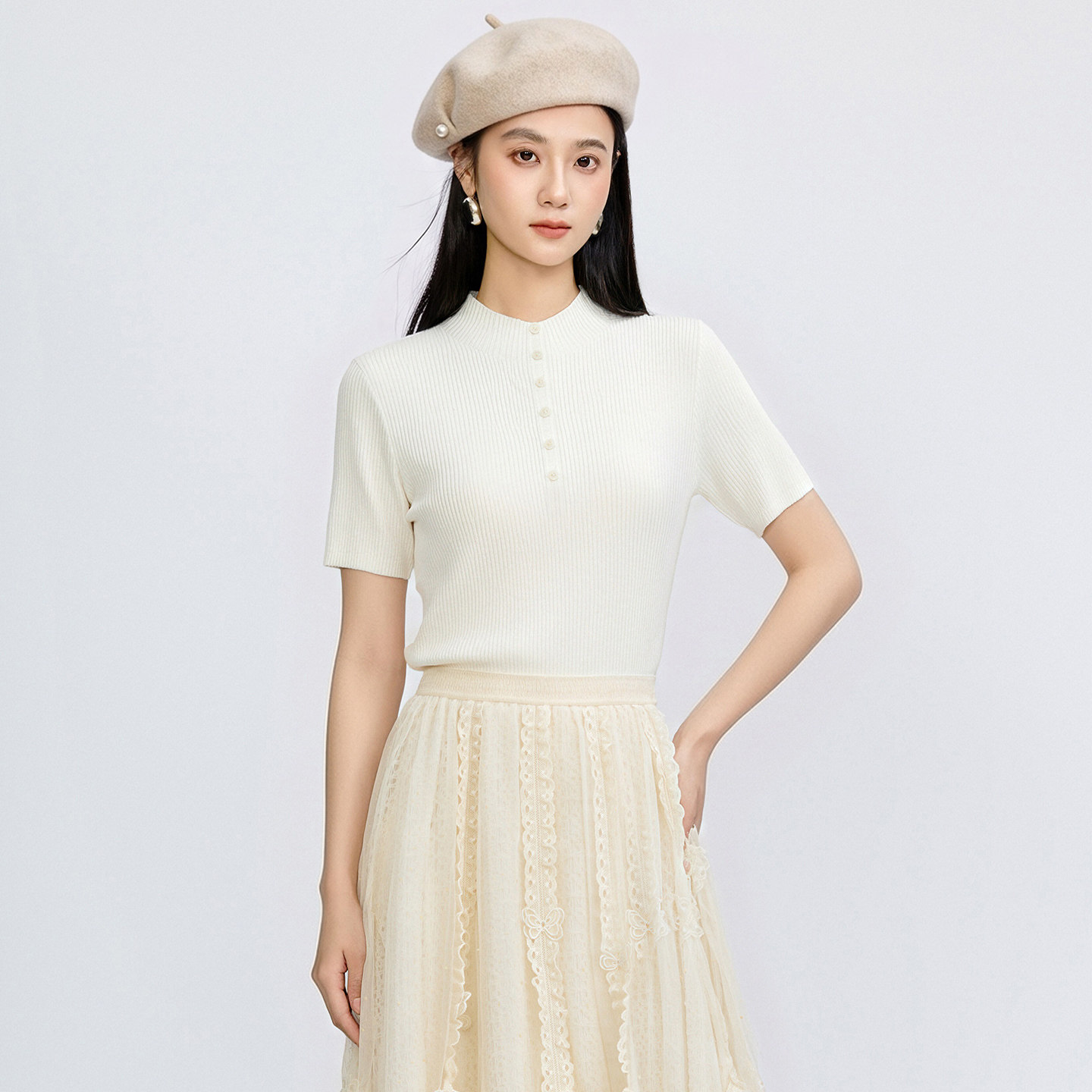 休闲小立领针织衫百搭显瘦修身女
