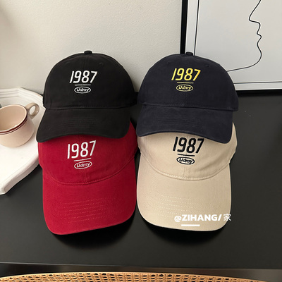 韩版复古1987数字刺绣棒球帽子弯檐男女深顶百搭鸭舌帽春秋大头围
