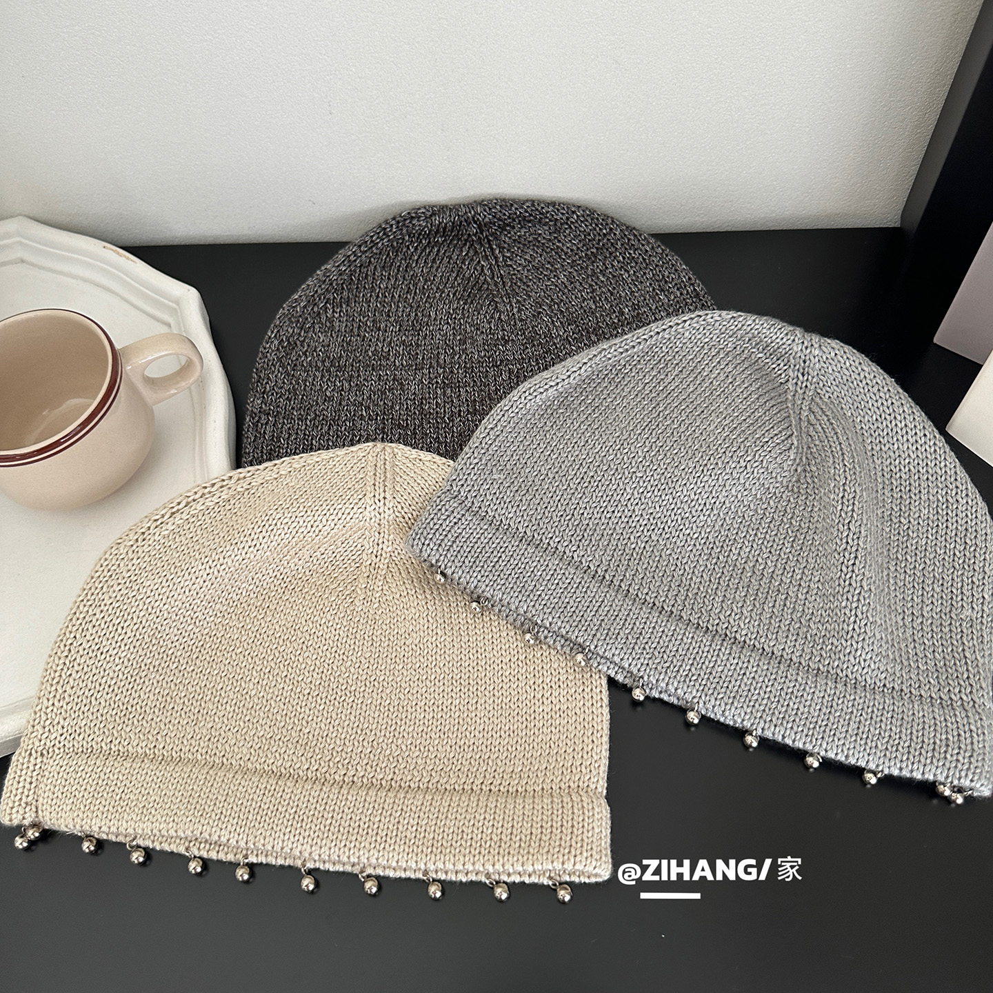 韩系ins风针织毛线帽子女挂珠冷帽套头帽秋冬包头帽纯色瓜皮帽冬