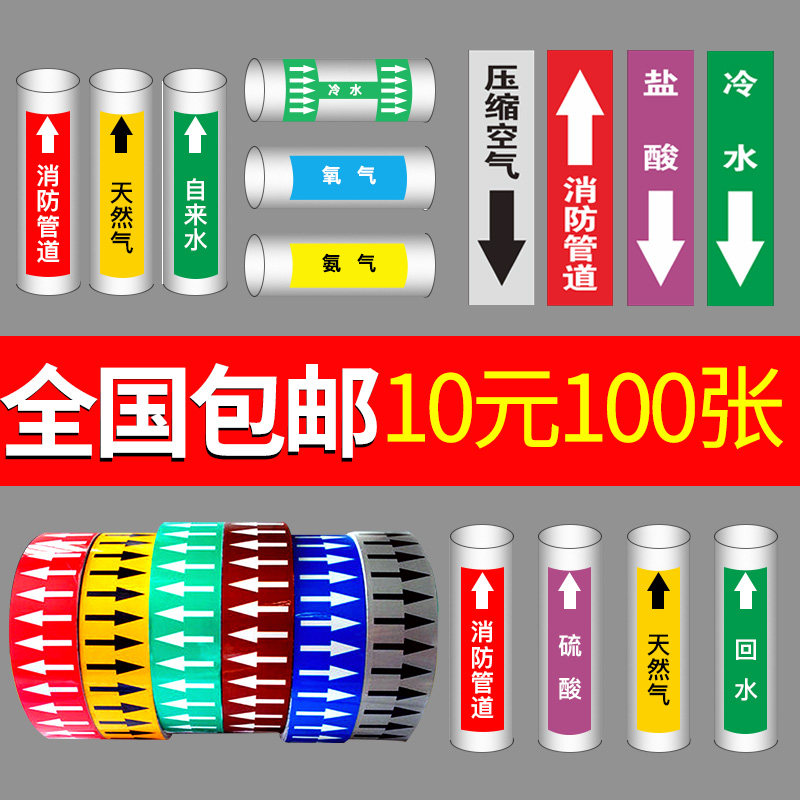管道标识贴流向箭头贴消防自来水压缩空气进水回水管道色环国标反光膜