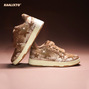 Kaalixto毛钻渐变棕色星星鞋板鞋国潮春秋低帮百搭透气保暖休闲鞋