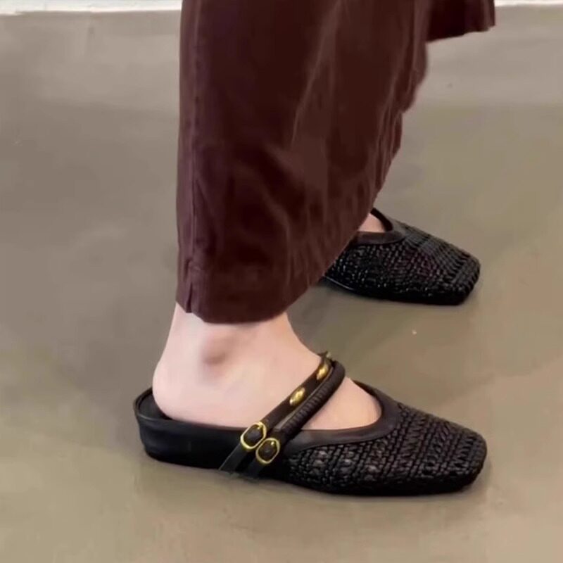 法式编织镂空外穿粗跟包头凉鞋女