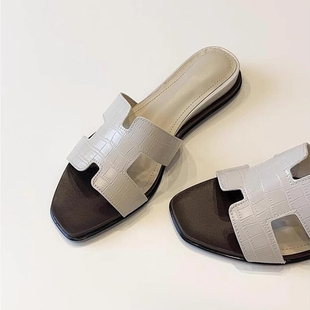 羊皮版~外穿平底沙滩凉拖法式简约真皮百搭露趾鳄鱼纹一字拖鞋女