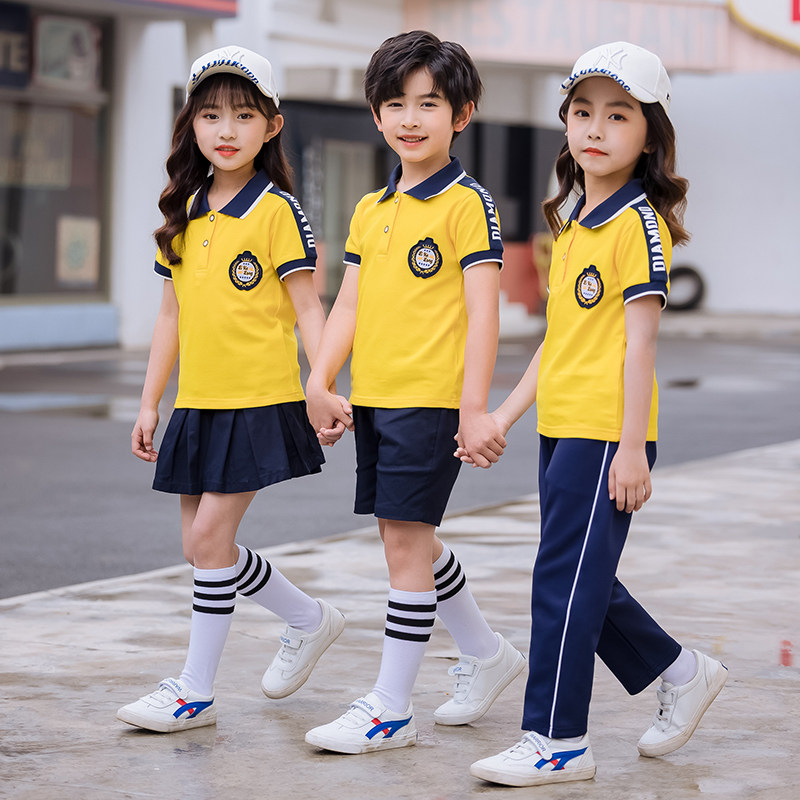 夏季明亮黄色幼儿园园服小学生校服运动服装短袖长裤套装亮黄T恤