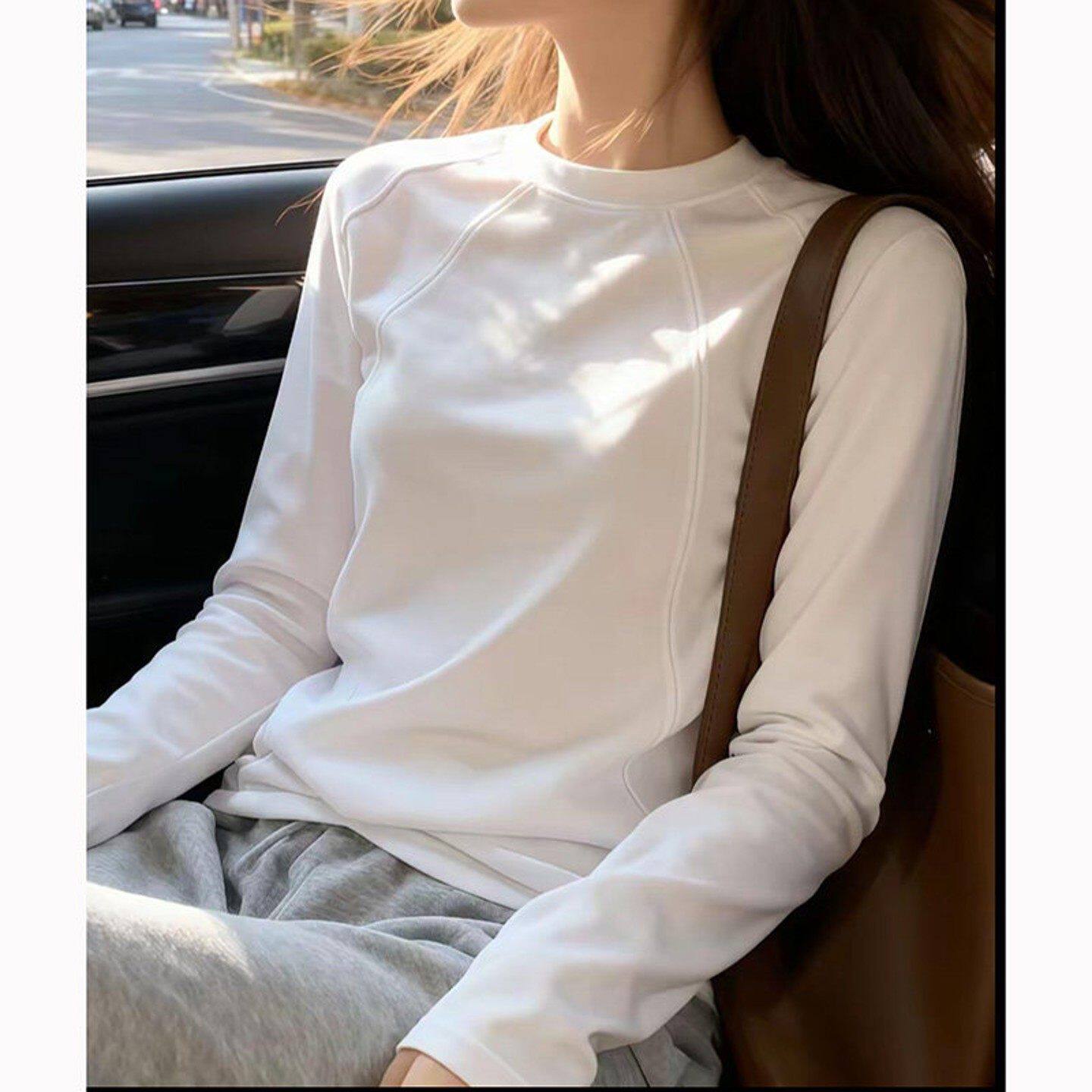 高质量纯棉圆领正肩长袖T恤女春季宽松韩系穿搭白色内搭打底衫