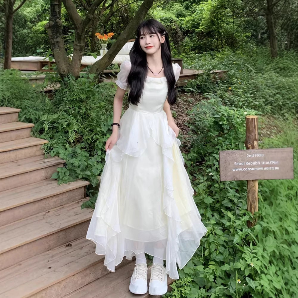 雪纺法式超仙公主荷叶边连衣裙子女夏季气质初恋清纯奶甜裙浅杏色